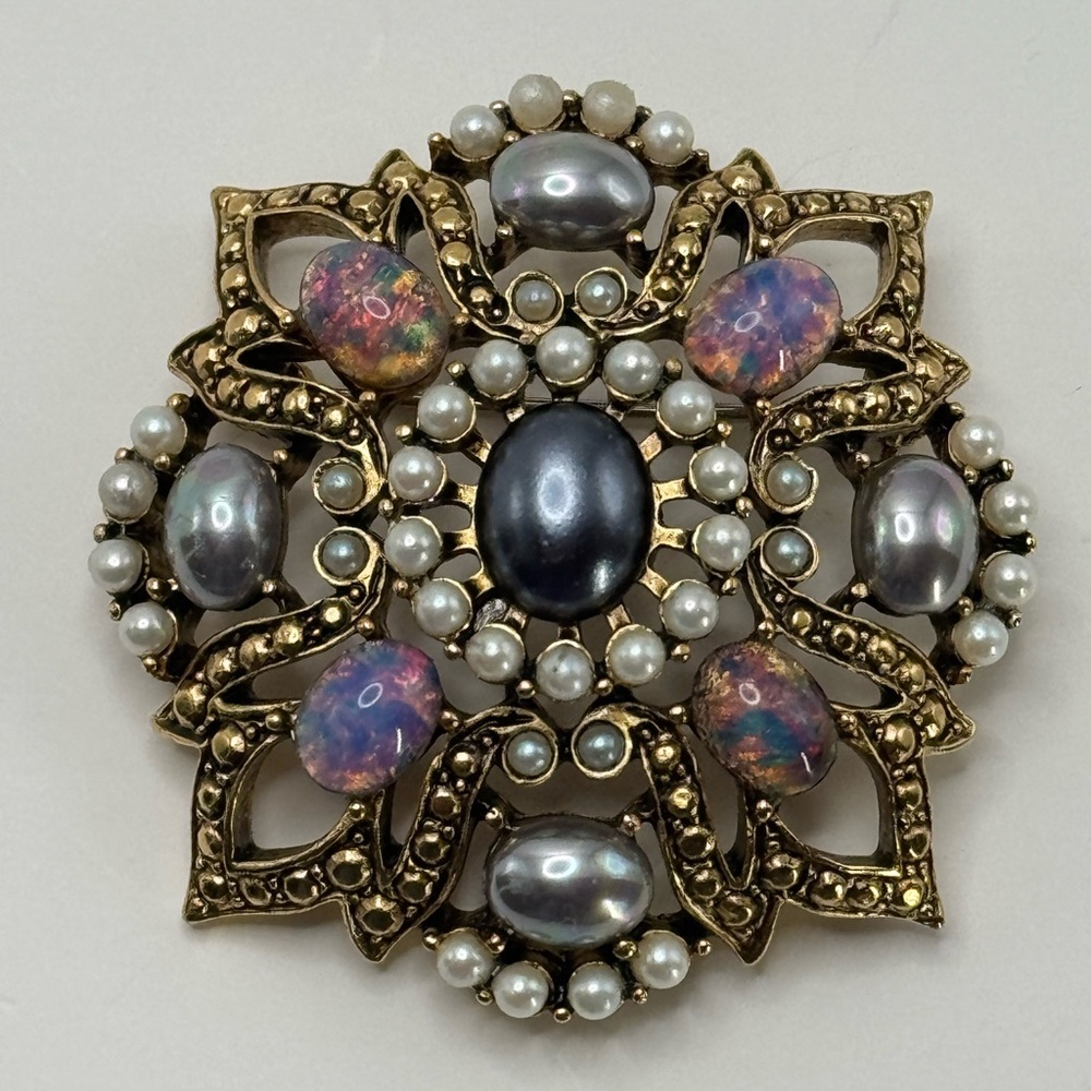 Faux opal and pearl Victorian revival brooch